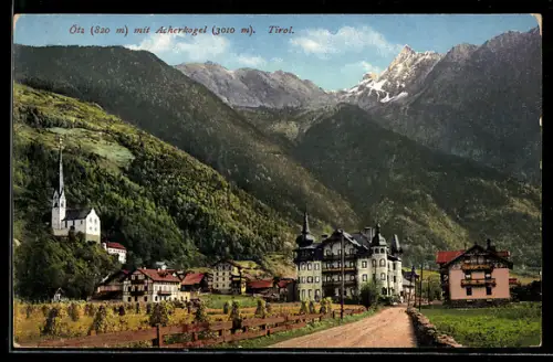 AK Ötz /Tirol, Dorf mit Kirche und Hotel, Acherkogel