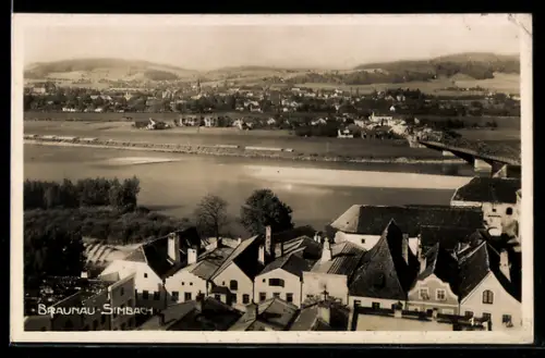 AK Braunau-Simbach, Panorama mit Fluss und Brücke