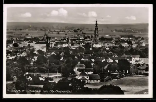 AK Braunau a. Inn, Blick nach Simbach, Panorama mit Kirchturm