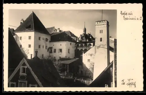 AK Braunau am Inn, Schlossanlage mit Türmen und Arkaden