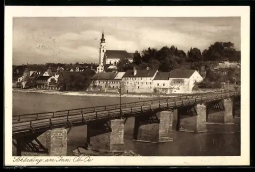 AK Schärding am Inn, Brücke und Ortsbild mit Kirche
