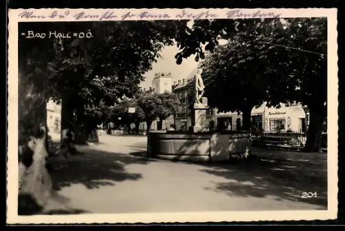 AK Bad Hall /O.Ö., Brunnen, baumbestandene Promenade mit Häusern