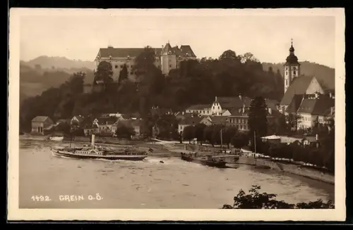 AK Grein /O.Ö., Donauufer mit Dampfer Habsburg und Schloss
