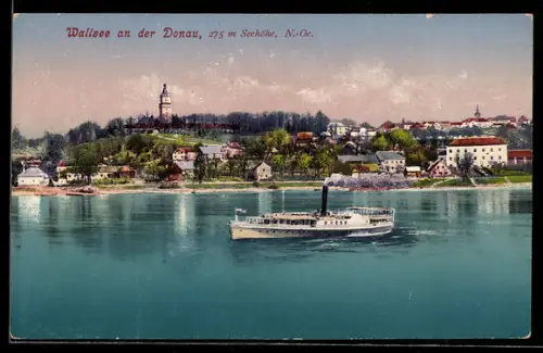 AK Wallsee an der Donau, Donauufer mit Dampfschiff und Kirche