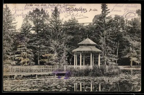 AK Göllersdorf /N.-Oe., Partie aus dem Park des Schlosses Schönborn mit Pavillon und Teich