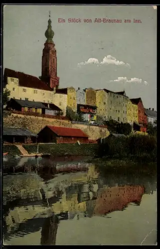 AK Alt-Braunau am Inn, Uferansicht mit Häuserzeile und Kirchturm