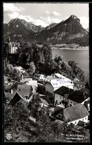 AK St. Wolfgang /Salzkammergut, Ortsansicht mit Kirche, See und Gebirgspanorama