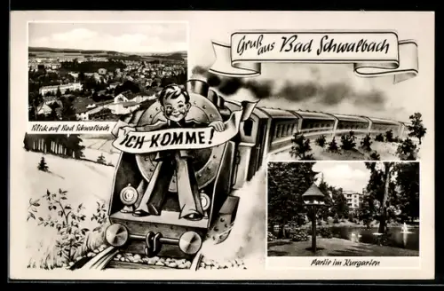 AK Bad Schwalbach, Partie im Kurgarten, Blick auf den Ort, Eisenbahn, Passepartout