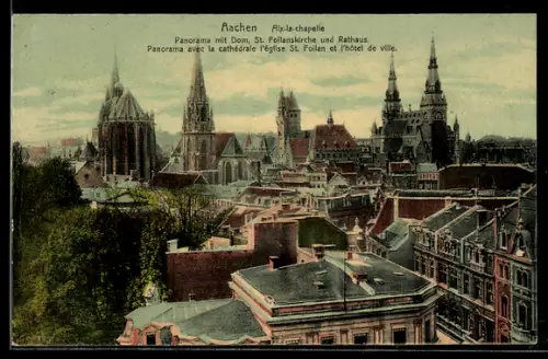 AK Aachen, Panorama mit Dom, St. Foilanskirche und Rathaus