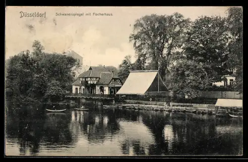 AK Düsseldorf, Schwanenspiegel mit Fischerhaus