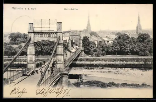 AK Mülheim a. d. Ruhr, Kettenbrücke, Im Hintergrund Kirche