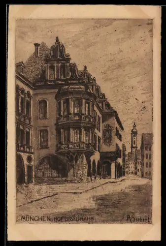 Künstler-AK München, Hofbräuhaus m. Strasse