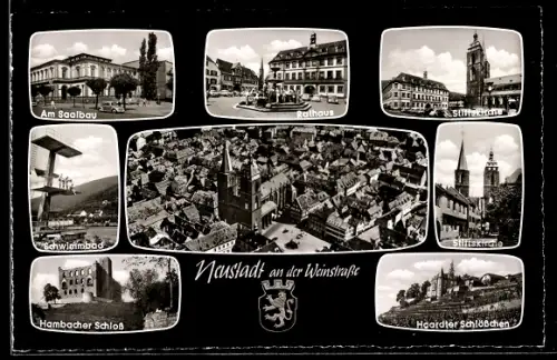 AK Neustadt an der Weinstrasse, Schwimmbad, Rathaus, Stiftskirche, Hambacher Schloss
