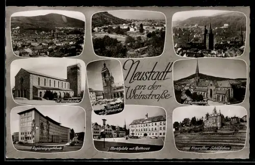 AK Neustadt an der Weinstrasse, Regierungsgebäude, Stiftskirche, Marktplatz mit Rathaus, Haardter Schlösschen