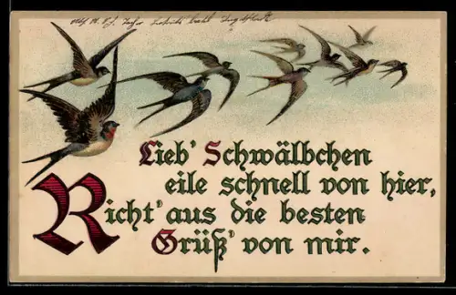 Künstler-AK Kleine Schar fliegender Schwalben