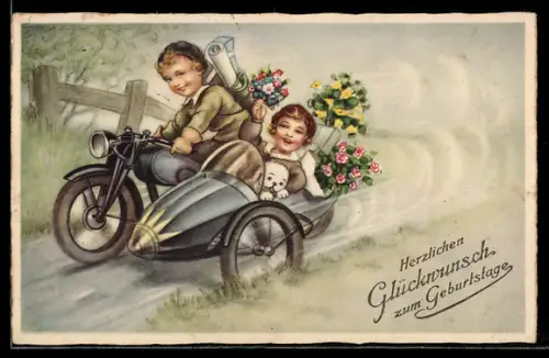 AK Kinder mit Blumen und Hund im Seitenwagenmotorrad