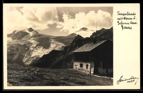 Foto-AK Hans Hruschka Nr.1138: Tuxerjochhaus, Blick auf die Berghütte mit Olperer