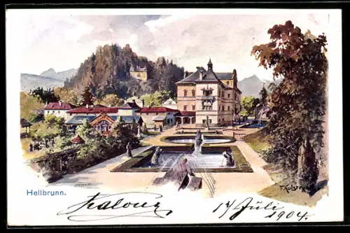 Künstler-AK Franz Kulstrunk: Hellbrunn, Ortsansicht mit Wasserbecken u. Springbrunnen