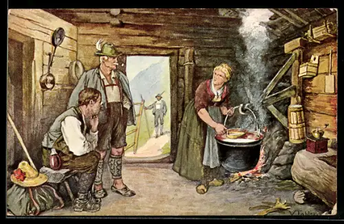 AK Bergsteiger bekommen eine Mahlzeit in der Almhütte