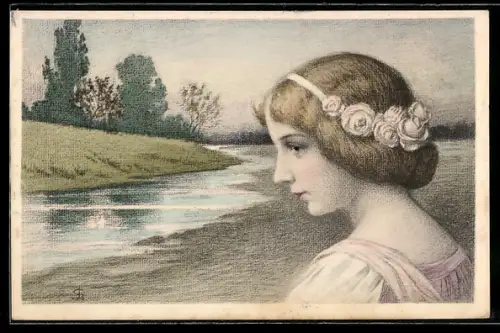 AK Jugendstil, junge Frau mit Rosenkranz am Fluss