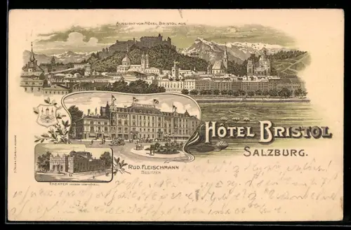 Lithographie Salzburg, Totalansicht mit Hotel Bristol