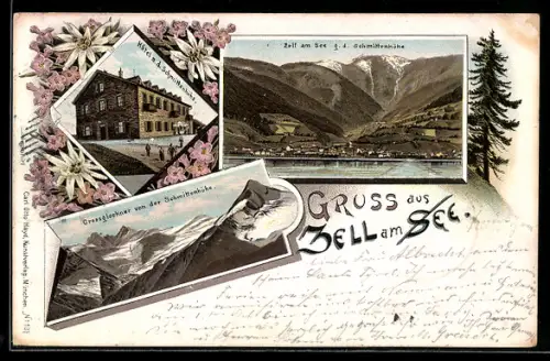Lithographie Zell am See, Gesamtansicht mit Umgebung, Hotel an der Schmittenhöhe