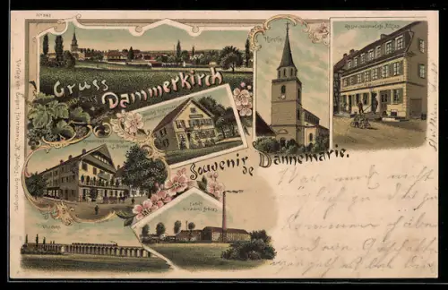 Lithographie Dammerkirch / Dannemarie, Bahnhofsrestaurant, Gasthaus u. Weinhandlung J. Dinten, Restaurant Cafe A. Riss