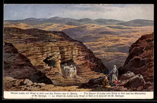 Künstler-AK Friedrich Perlberg: Wüste Judäa mit Wadi el Kelt und Kloster d. Hl. Georg