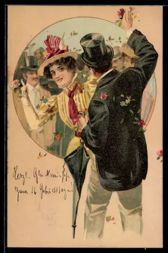 AK Herr mit Zylinder und Schirm und elegant gekleidete Dame, Jugendstil