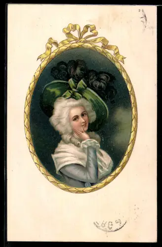 AK Junge Frau mit grünem Hut, Jugendstil