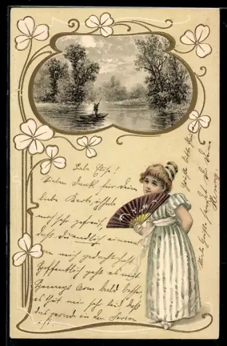 AK Mädchen im Kleid mit Fächer, Szenerie am See mit Boot, Jugendstil