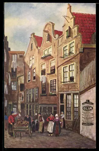 Künstler-AK Amsterdam, Sluit uw Levensverzekering du Victoria, Keizersgr. 126, Ortspartie mit Anwohnern, Schleichwerbung