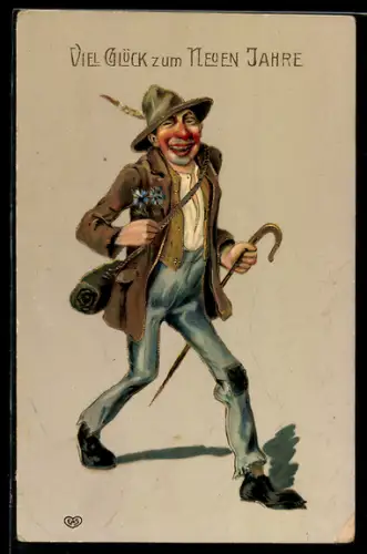 Passepartout-AK Mann mit Hut und Stock hält Alpenblume in der Hand, Neujahrsgruss