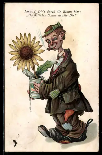 AK Landstreicher in abgerissener Kleidung mit grosser Sonnenblume