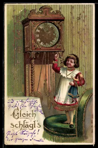Lithographie Mädchen steht vor einer Uhr, Prosit Neujahr