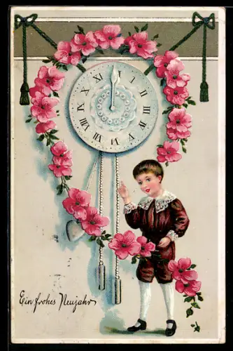 AK Kind unter einer Uhr, Mitternacht, Blumen, Neujahr