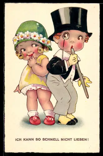 AK Junge im Anzug mit Zylinder und Monokel und kleines Mädchen mit Blumenhut