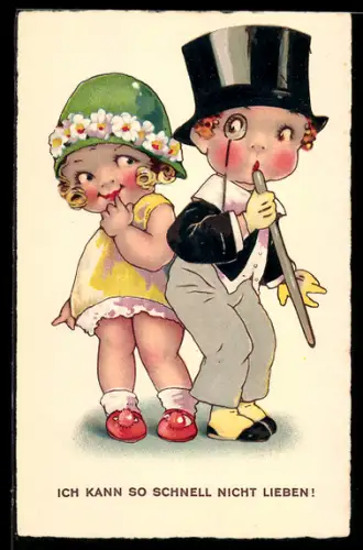 AK Junge im Anzug mit Zylinder und Monokel und kleines Mädchen mit Blumenhut