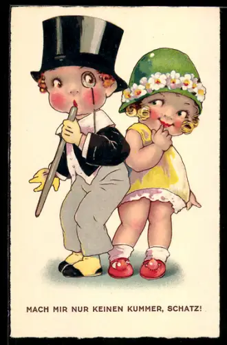 AK Junge im Anzug mit Zylinder und Monokel und kleines Mädchen mit Blumenhut
