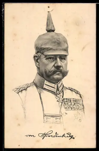 AK Portrait Generalfeldmarschall Paul von Hindenburg in Uniform mit Pickelhaube und Fernglas