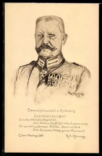 Künstler-AK Generalfeldmarschall Paul von Hindenburg, Lobeshymne v. Rud. Krönung