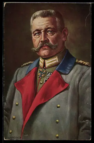 Künstler-AK Paul von Hindenburg, Portrait in Uniformmantel mit Pour le Mérite