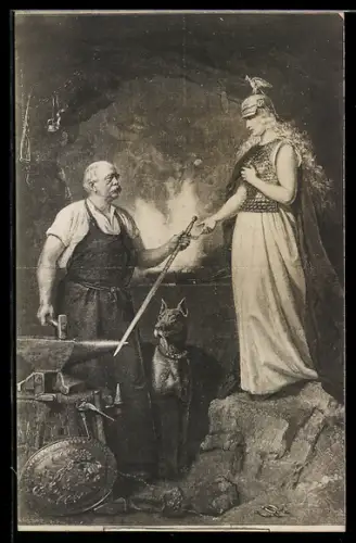 AK Fürst Otto von Bismarck als Schmied und Germania mit Garde du Corps-Helm