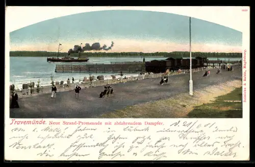 AK Travemünde a.d. Ostsee, Neue Strand-Promenade mit abfahrendem Dampfer