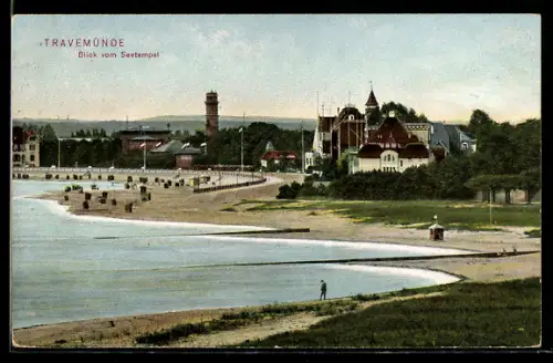 AK Travemünde, Blick vom Seetempel auf den Ort und den Strand