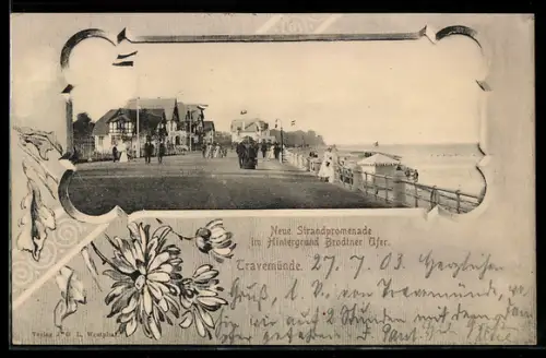 AK Travemünde, Neue Strandpromenade im Hintergrund Brodtner Ufer