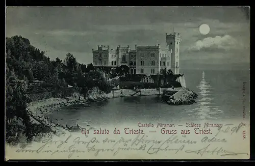 Mondschein-AK Trieste, Castello Miramar al chiaro di luna