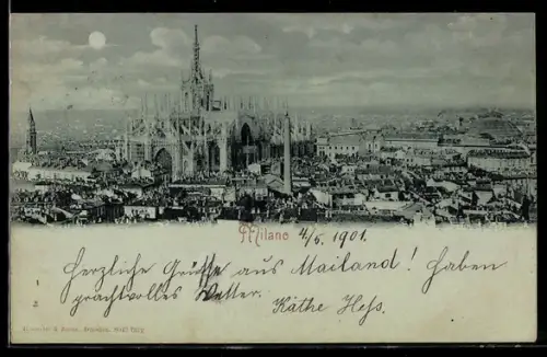 Mondschein-AK Milano, Veduta panoramica del Duomo e della città al chiaro di luna
