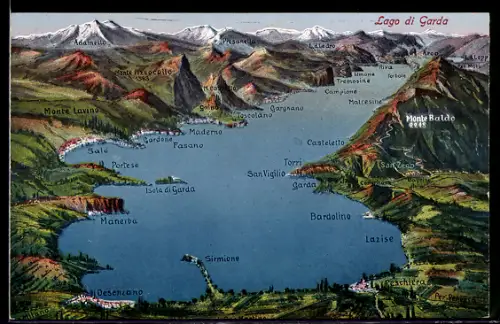 Künstler-AK San Vigilio /Lago di Garda, Mappa illustrata del lago con montagne e località circostanti
