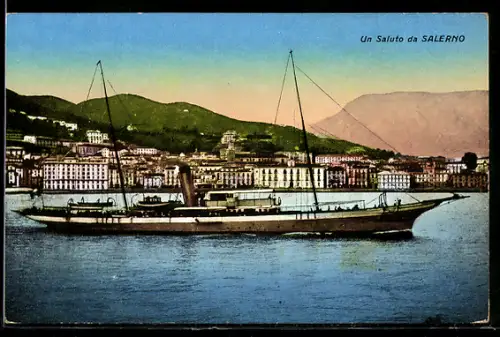 AK Salerno, Veduta del porto con nave a vapore in primo piano
